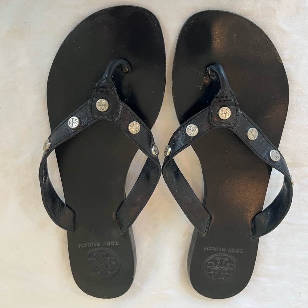 Tory Burch Black with Silver Leather Slides size 7